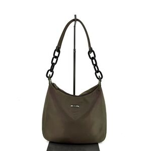 Laura Biagiotti Olive Green Nylon Shoulder Bag Black Chain Strap Made In Italy